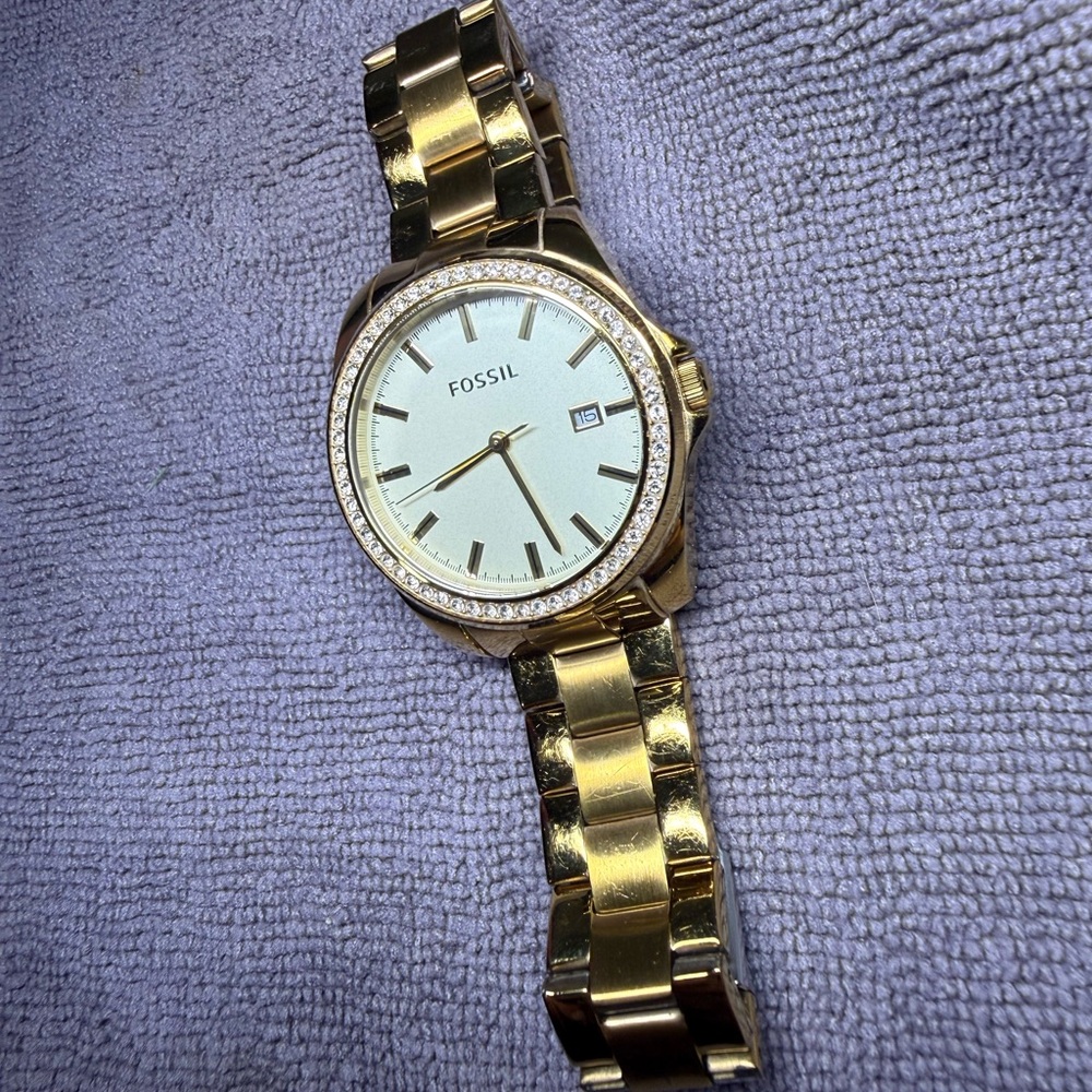 Fossil Gold Tone Crystal Bezel Watch with White Dial